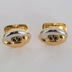 Valentino Garavani Oval Cufflinks Gold Silver Tone Italian Designer Logo
